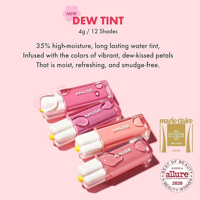 Amuse SEOUL Daisy Flower Dew Tint 01 LA VIE EN CORAL | 35% High-moisture Water Tint, Long-lasting, Vitamin E, Moisturizing, No Peel Off, Lip Treatment, Non Sticky, Korean Lip Tint for Dry Lips