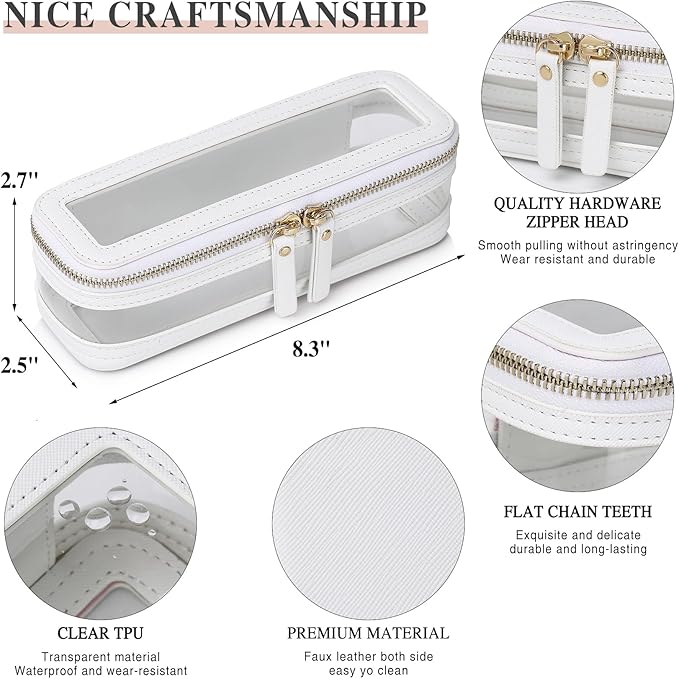 Makeup Brush Case Clear Travel Cosmetic & Toiletry Bag Slim Makeup Bag with Zipper Small Purse Organizer Car Essential Bag for Women (White, SLIM-1)