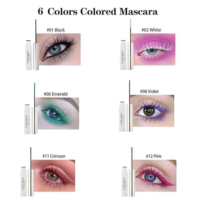 BONNIE CHOICE 6Pcs Colored Mascara Set for Eyelashes, Red Pink Purple Green White Black Colorful Mascara Waterproof Charming Long Lasting Voluminous Eye Makeup Mother's Day Gifts for Women