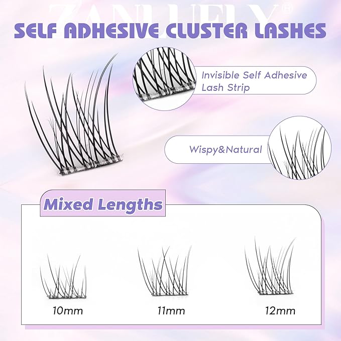 Self Adhesive Lash Clusters Natural No Glue Individual Lashes Wispy Self Adhesive Eyelash Clusters with Clear Strips DIY Eyelash Extensions(10-12MM)