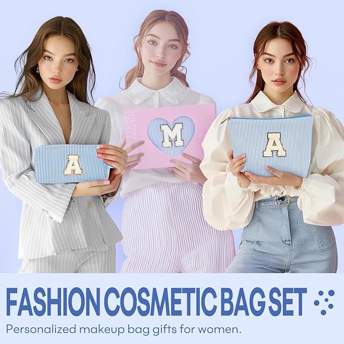 2 PCS Initial Makeup Bags for Women: Cosmetic Bag for Travel Toiletry - Birthday Gifts for 11 12 13 14 15 16 17 18 Years Old Girl Graduation Teacher Gift- Teen Girl Gifts Trendy Stuff - Blue V