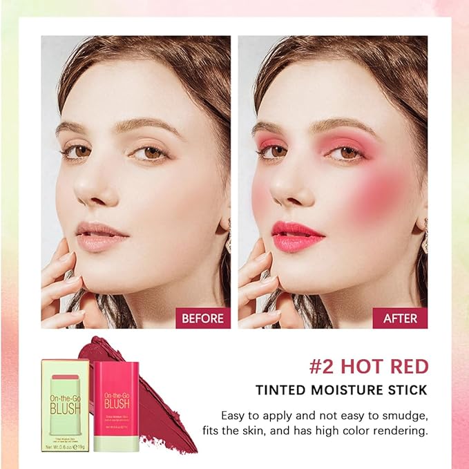 Multi-Use Makeup Blush Stick, Tinted Solid Moisturizer On-the-Go Blush, Multi-use Cream Blush Stick for Cheek & Eyes & Lips, Waterproof Natural Nude Makeup for All Skin (2# Hot Red)