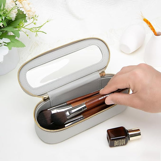 Aveniee Slim Clear Makeup Brush Bag, Small Cosmetic Brush Holder, Mini Travel Toiletry Case for Women, Thin Make up Organizer with Dual Zipper for Travel Essentials - Grey