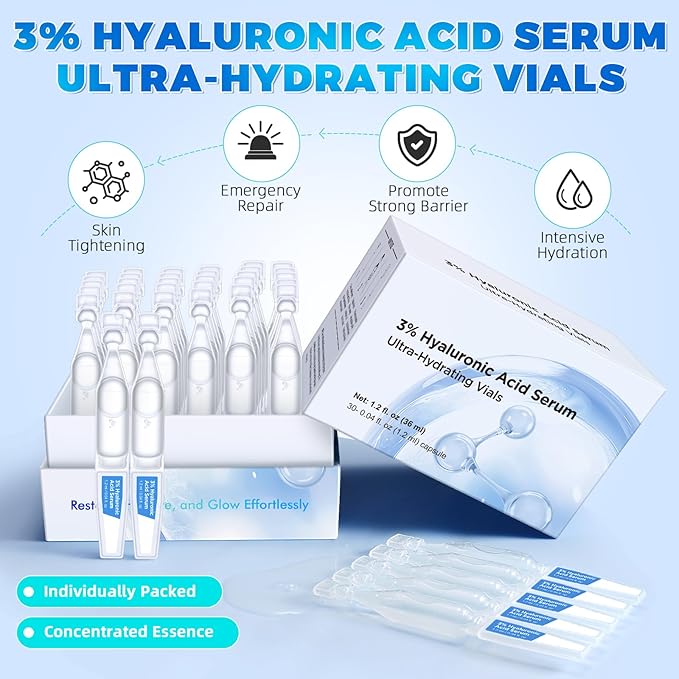 30pcs 3% Hyaluronic Acid Ultra Hydrating Serum, Anti-Aging Serum Intensive Hydration, improves skin texture, minimizes fine lines, improve dryness and dehydration for all skin types