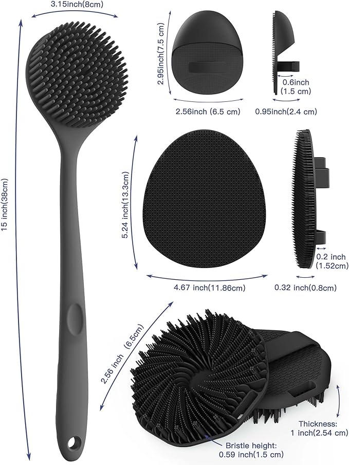 Manmihealth Silicone Back Scrubber & Soft Bath Glove, Silicone Scalp Massager Set 5 PCS, Super-Exfoliating Body Scrubber Shower Brush & Shampoo Brush Combination, with 2 Free Hooks (Style 2 Black)