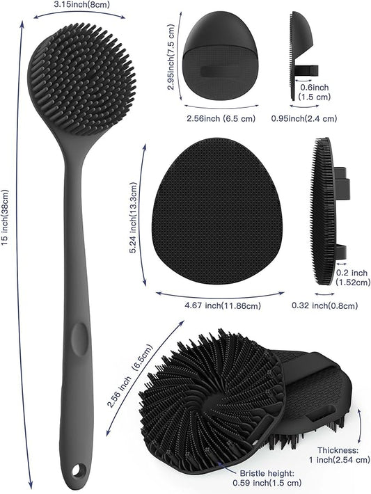 Manmihealth Silicone Back Scrubber & Soft Bath Glove, Silicone Scalp Massager Set 5 PCS, Super-Exfoliating Body Scrubber Shower Brush & Shampoo Brush Combination, with 2 Free Hooks (Style 2 Black)