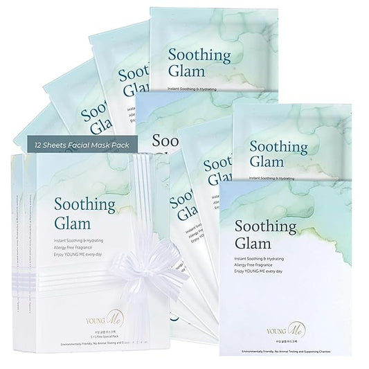 YoungMe Soothing Glam Facial Sheet Mask - 12 Sheets Face Masks | Korean Skincare - Deep Mask for Sensitive Skin or All Skin Types