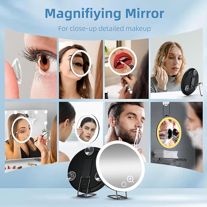 6" 10x Magnifying Mirror with Light Suction Cup,Led Close up Makeup Mirror with 360° Stand,3 Color Lighted Personal Mirror 10x,10 Times Functional Zoom Mirrors for Partial Details
