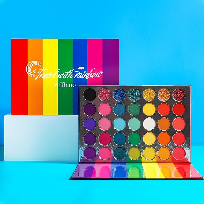 Afflano Rainbow Eyeshadow Palette Matte Shimmer Pressed Glitter, Pigmented Colorful Eye Shadow Pallets, Pink Red Orange Yellow Green Blue Purple 35 Color, Bright Prime Makeup Palette