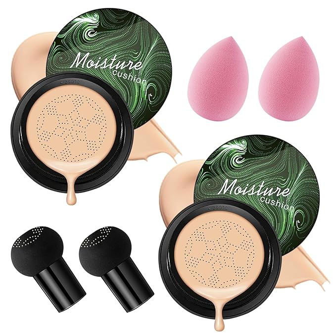 2Pcs Mushroom Head Air Cushion CC Cream Foundation Makeup,Moisturizing BB Cream Face Makeup Liquid Foundation,Long Lasting Full Coverage Concealer for All Skin Types（Natural）A
