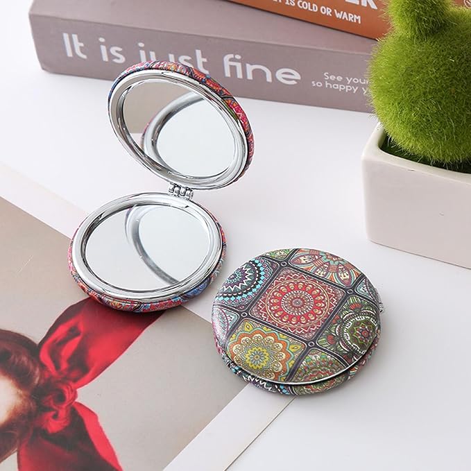 6 PCS Mixed-Color Bohemian Folding Makeup Mirror Portable Round Bread Mirror Thick Double Sided Pu Pocket Mirror