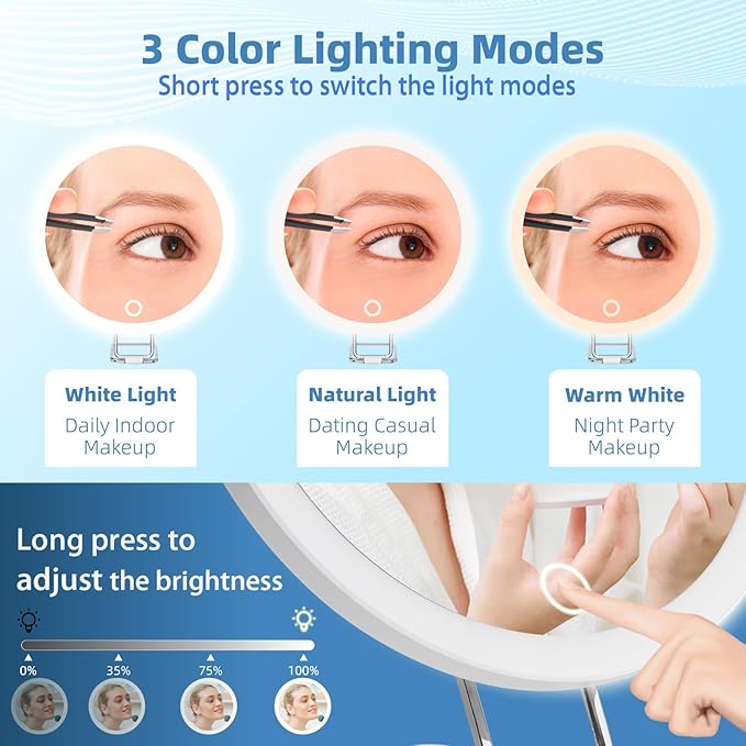 6" 30X Magnifying Mirror with Light Suction Cup,Led Close up Mirror for Checking Pores with 360° Stand,3 Color Lighted Personal Mirror 30X,30 Times High Magnification Concave Mirrors