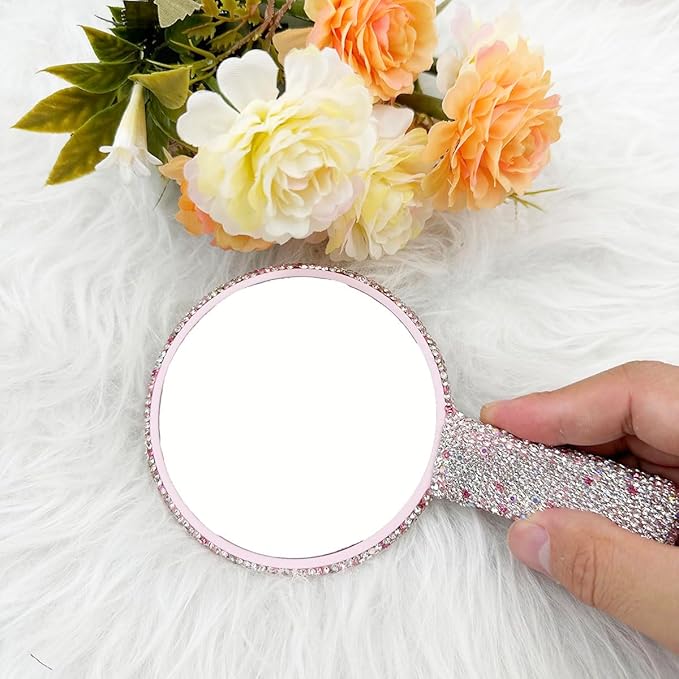 LOPURO Sparkling Rhinestone Round Shaped Handheld Mirror, Rhinestone Handheld Round Mirror Bling Glitter Cute Cosmetic Hand Mirror with Handle Portable Makeup Mirror for Women Travel