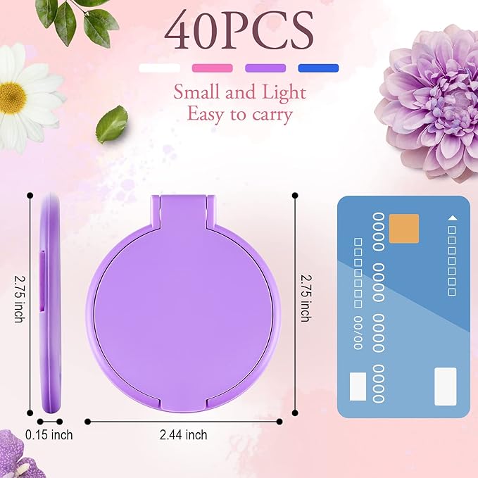 40 Pcs Compact Mirror Bulk Travel Makeup Mini Folding Mirror Pocket Vintage Portable Round Small Mirror for Women Purse Travel Daily Use Gifts, White, Blue, Pink, Purple