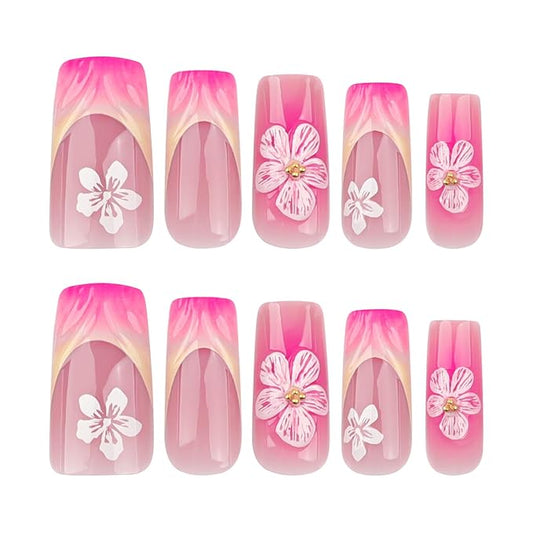 French Tip Press on Nails Medium Coffin Pink Fake Nails with Floral Design Spring Flower Press on French Tip Nails Long Gel Acrylic Nails Cute Glue on Nails 3D Cherry Stick on Nails for Women 24Pcs