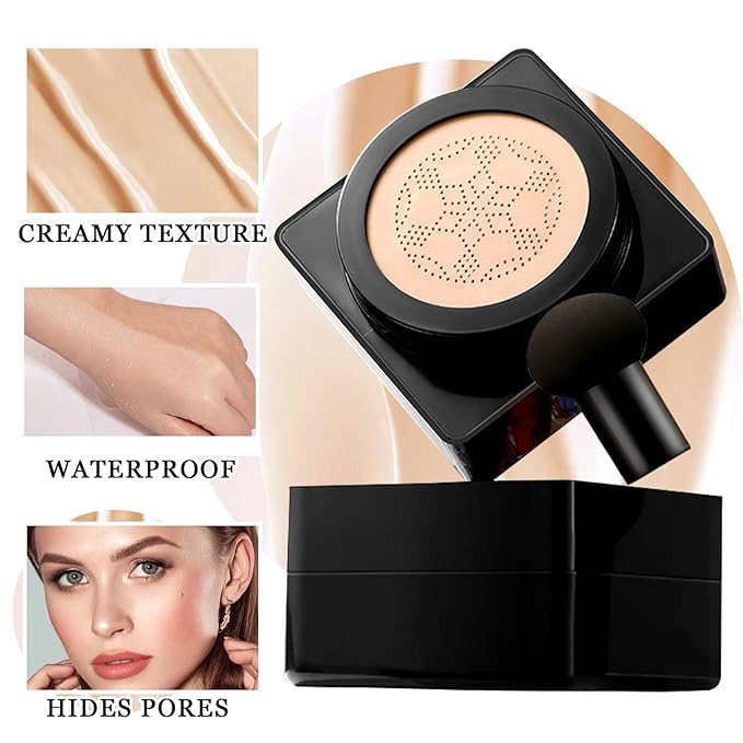 3PCS Mushroom Head Air Cushion CC Cream Foundation,Moisturizing BB Cream Foundation Makeup,Waterproof Full Coverage Foundation,Moisture Cushion CC Cream Concealer with 3 Makeup Sponges(Natural)