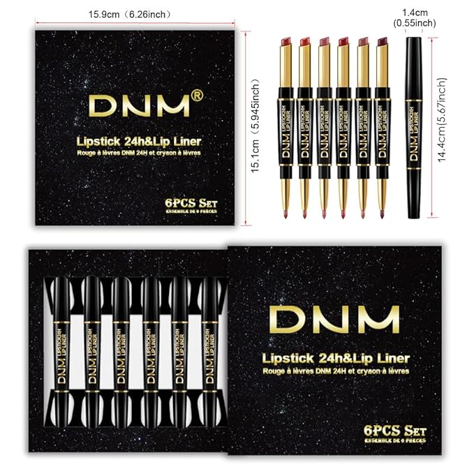 BINGBRUSH 2 IN 1 Lip Liner & Lipstick Makeup Set, Dark Red Matte Metallic Lipliner Set for Black Mature Women Waterproof Long Lasting Gift Set (6Pcs Set-A02-Matte, 6Pcs)