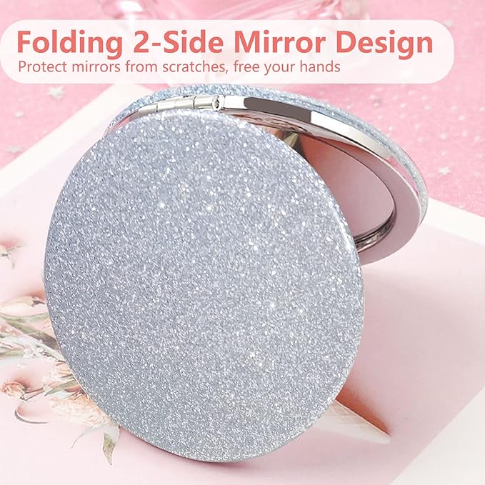 Acedada Compact Mirror, Pocket Mirror, Small Mirror for Purse with Glitter, Portable Travel Makeup Mirror, Folding Handheld 2-Sided 1x/2x Magnifying Compact Mirror for Women Girls - Silver