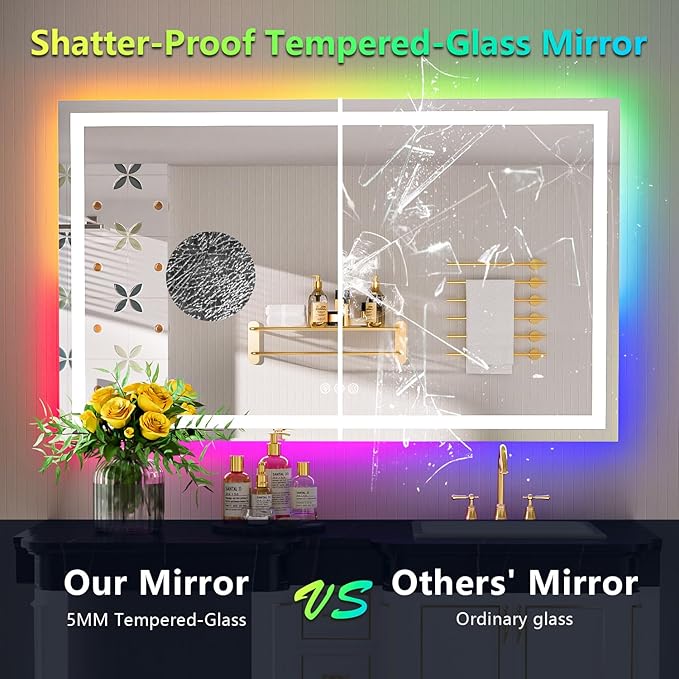57x36 Inch RGB LED Bathroom Mirror Front Light and RGB Backlit Lighted Vanity Mirror for Bathroom Wall Mounted Dimmable Anti Fog Memory Shatter-Proof IP54 Waterproof Horizontal/Vertical
