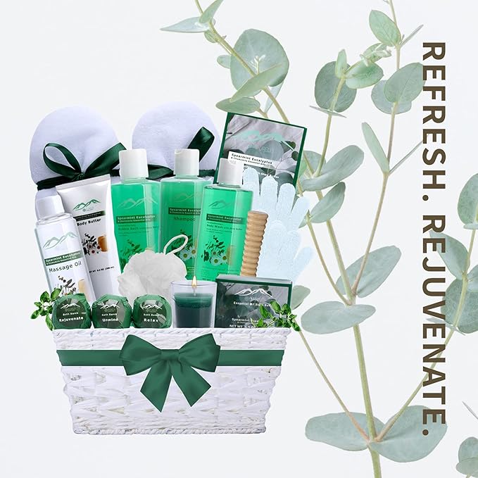 Bed Bath & Body Spa Gift Basket. Spearmint Eucalyptus Pampering XL Bath Basket for Relaxing Gift. Natural & Sulfate Free Relaxation Gift Care Package for Men & Women. Best Bath Gift Set