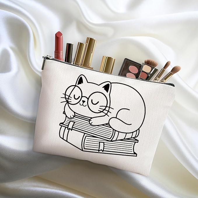 2pcs Cute Cat Themed Gifts for Women Makeup Bag, Book Lovers Cosmetic Bag Christmas Birthday Gifts for Women Female Girls Sister BFF, Cat and Book Travel Toiletry Bags