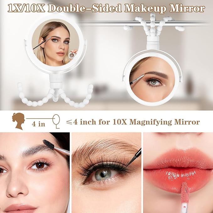 Makeup Mirror with Lights, 1x/10x Magnifying Mirror with Light & 3 Colors - Adjustable Brightness, 360° Rotating Portable Travel Makeup Mirror, Hanging/Handheld/Desktop Design,Vanity Mirrors for Women