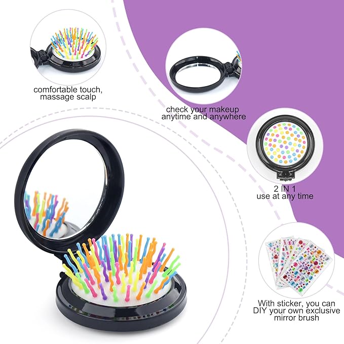 6 Colors Folding Mirror Hairbrush, 2 in 1 Compact Pocket Mirror Comb with DIY Stickers, Round Mini Pocket Makeup Mirror for Travel Women Girls (24 Pcs)