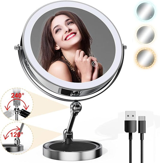 Makeup Mirror with Lights[Brightness Enhanced Version], Real 2000mah Rechargeable Double Sided 10x Magnifying Mirror with 3 Colors Table Vanity Mirror with Adjustable Height and Stand,Chrome