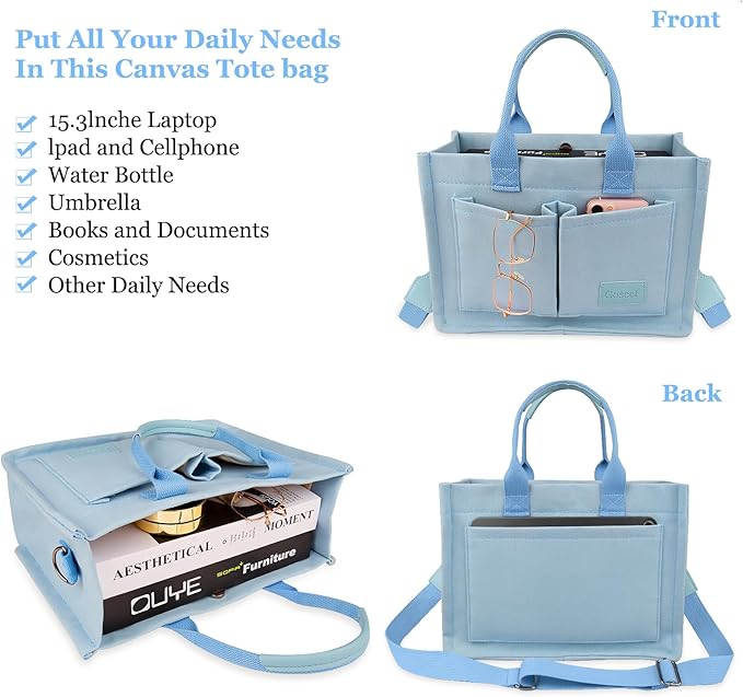 Canvas Tote Bag for Women With Pockets, Laptop Work Crossbody Purses Everything Shoulder Tote Bag Everyday Satchel Handbags