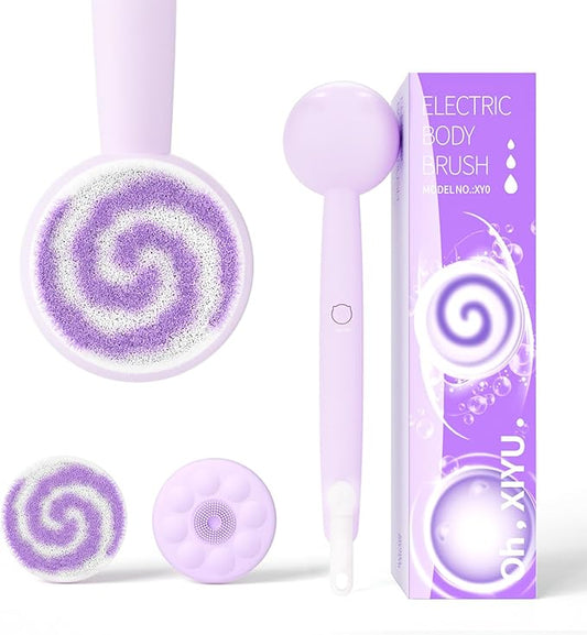 Electric Back Scrubber for Shower Body Brush, Automatic Body Scrubber for Cleansing, Massaging and Exfoliating, Rechargeable Bath Brush with 2 Heads, 3 Speeds & Waterproof, Taro Purple