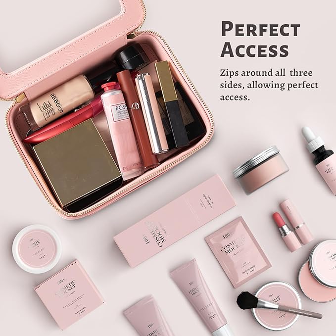 Aveniee Clear Makeup Bag Organizer, Portable Travel Toiletry Cosmetic Bag Case for Women, Heavy Duty Vegan Leather Make Up Pouch with Transparent Vinyl Windows & Gold Zippers(Pink)