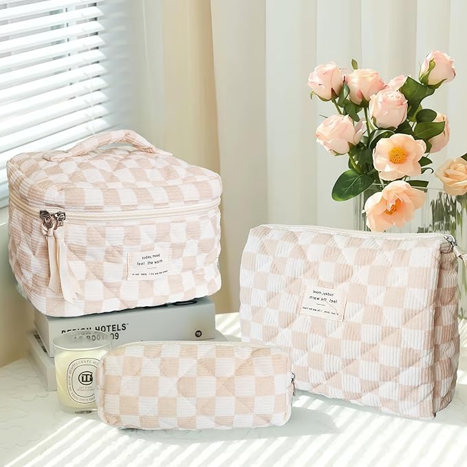 3 Piece Brown Checkered Corduroy Quilted Makeup Bag Set, Large Capacity Travel Makeup Bags for Women and Girls, Includes Small, Medium, and Large aesthetic makeup&Cosmetic Bags (3pcs-BrownCheckered)