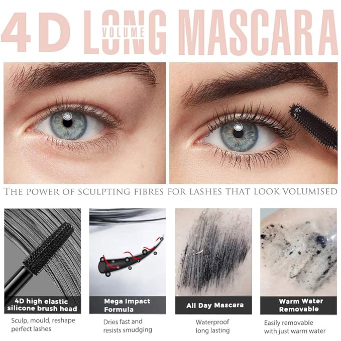 4D Fiber Eyelash Mascara, Natural Waterproof Lasting Lash Mascara Black Volume, Lengthening Thickening Softer Fuller Lashes Amplify Eyelash Primer Brush (Black)