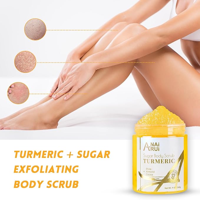 ANAI RUI Turmeric Body Scrub Exfoliator, Sugar Scrub for Exfoliating, Smoothing, Hydrating Skin, Face & Body Scrub with Turmeric, Face Body Hand and Foot Scrub, Moisturizing Body SkinCare, 9 OZ