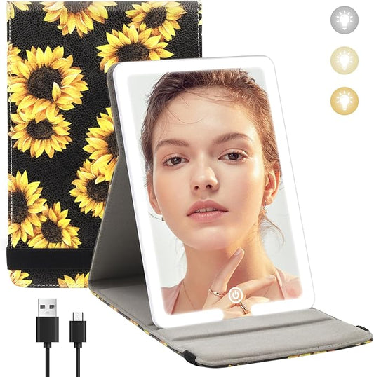 Makeup Mirror with Lights, PU Leather Travel Mirror with 3 Color Lighted Makeup Mirror with Sunflower Print, 8x5.5inch Vanity Mirror with Light Desktop Cosmetic Mirror, Lighted Travel Mirror for Women