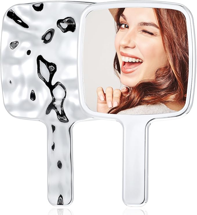 2 PCS Hand Held Mirrors with Handle Water Ripples Hand Mirror with Handle Silver Handheld Makeup Mirror Handheld Garden Single-Sided Normal Hands Mirrors for Make up (6.69 × 3.94 Inches)