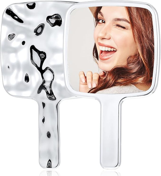 2 PCS Hand Held Mirrors with Handle Water Ripples Hand Mirror with Handle Silver Handheld Makeup Mirror Handheld Garden Single-Sided Normal Hands Mirrors for Make up (6.69 × 3.94 Inches)