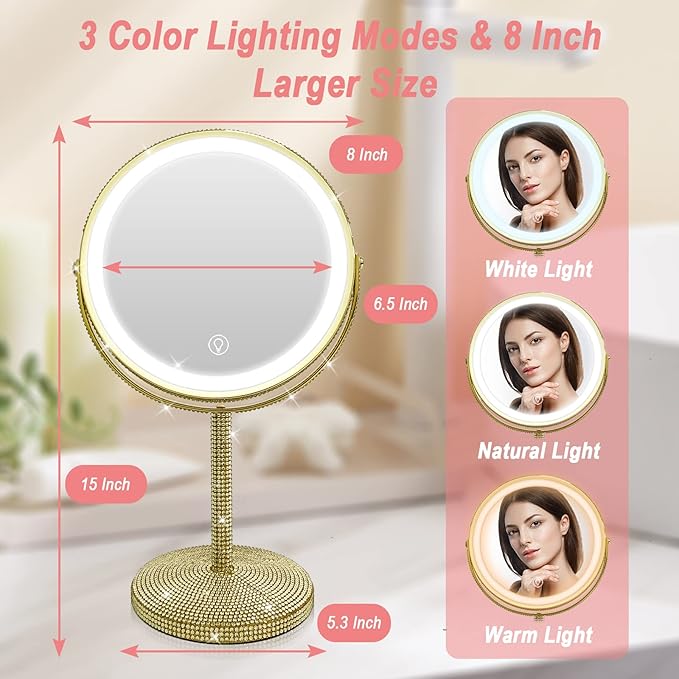 8" Gold Makeup Mirror with Lights - 10X Magnifying Vanity Mirror, 3 Color LED, Adjustable Brightness, 360° Swivel, Rechargeable - Desk/Bathroom Mirror (Gold)