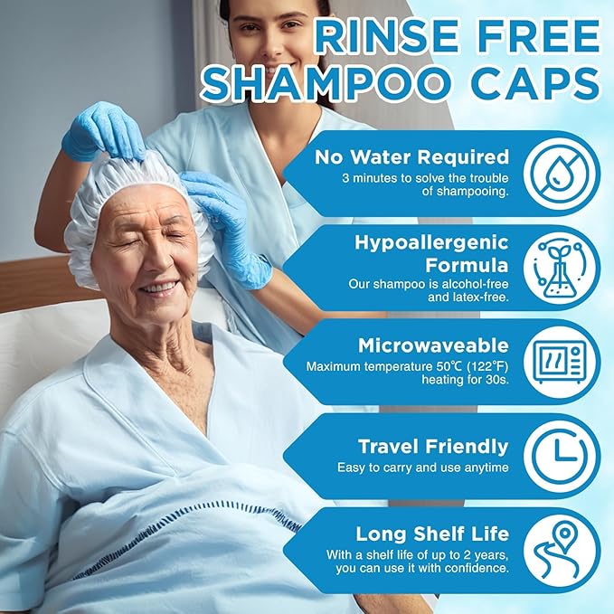 OK TAPE No Rinse Shampoo Cap (6 Packs), Microwaveable Rinse Free Caps for Bedridden Patients or Elderly, Waterless Shampoo and Condition Hair, Chamomile Fragrance