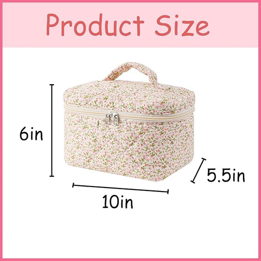 uekeboag Large Travel Quilted Makeup Bag for Women, Floral Cotton Cosmetic Bag, Coquette Aesthetic Floral Toiletry Organizer Bag