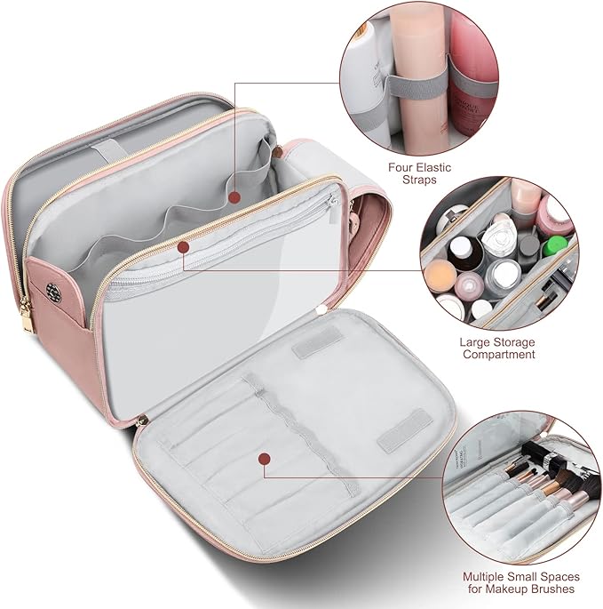 BOOMRICH Large Travel Makeup Bag, Cosmetic Bag, Toiletry Bag for Women, Water-Resistant Leather Toiletry Organizer, Dopp Kit for Toiletries Accessories, Pink