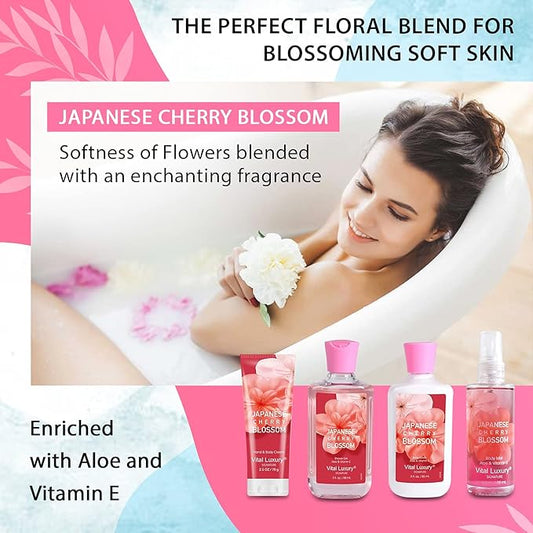 Bath and Body Care Gift Set for Women and Girls, Personal Self-Body Care Travel Set, Japanese Cherry Blossom Spa Home Set with Natural Extracts, 4 Pack - Shower Gel, Body Lotion, Body Mist, Hand Cream