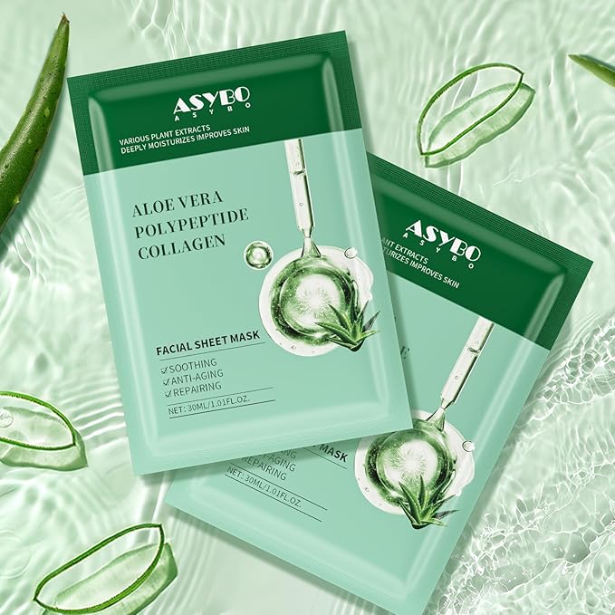 Pack of 20 Collagen Face Mask, Aloe Vera Polypeptide Collagen Facial Masks Skincare, Moisturizing Facial Sheet Mask for Acne, After Sun, Claming, Anti-Aging and Anti-Wrinkle
