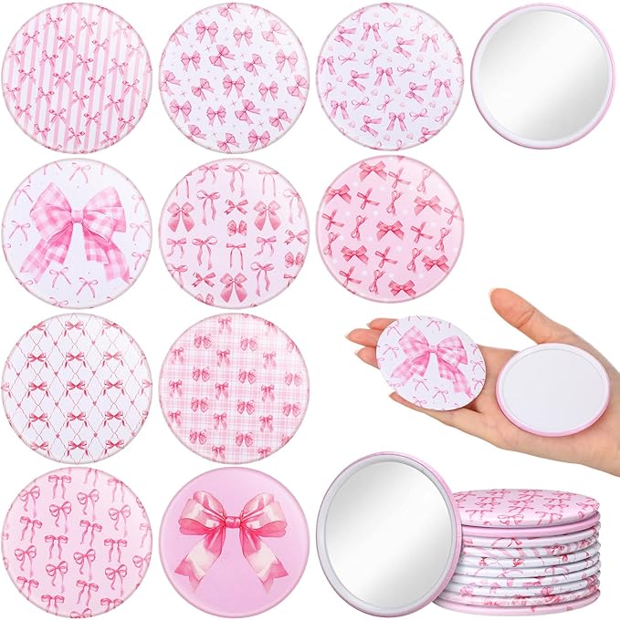 20 Pcs Pink Bow Coquette Compact Mirrors Bulk 2.76 Inch Round Portable Pocket Makeup Mirror Party Favors Gifts for Women Mother Bridal Shower Bachelorette Quinceanera Party Decor