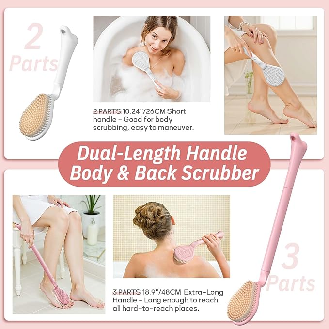 Back Scrubber for Shower, 19’’ Detachable Long Handle Shower Body Scrubber for Wet or Dry Brush, Adjustable 2-in-1 Back & Body Brush with Soft and Dense Bristles for Deep Cleaning(Pink)