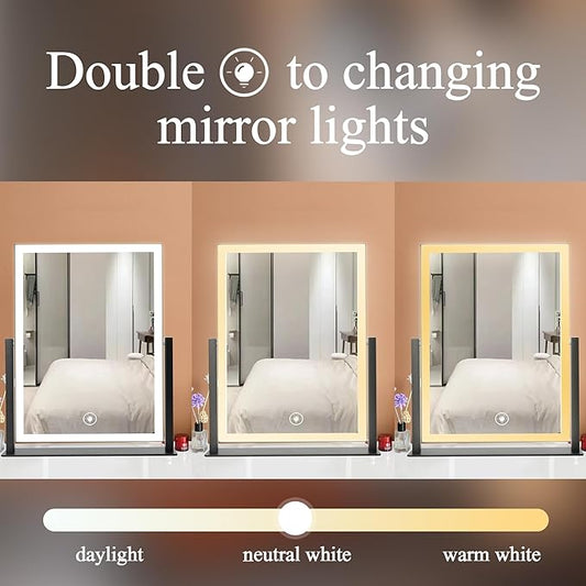 15.75x13 Black LED Vanity Mirror with Lights Desktop Makeup Mirror,3 Color Modes,Dimmable Touch Control, 360° Rotation,Lighted Cosmetic Mirror, for Teen Girls
