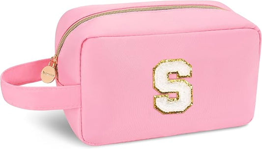 Aveniee Monogram Travel Makeup Bag for Women,Initial Cosmetic Organizer With Handle,Preppy Toiletry Bag,Christmas Birthday Gifts for Women Teen Girls Sister Teacher-Pink S
