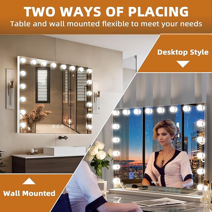 Misavanity Large Vanity Mirror with Lights Tempered Glass 31.4’’ x 23.4’’ Hollywood Lighted Makeup Mirror with 18 Dimmable Bulbs USB Charging Port 10X Magnification 3 Lighting Modes, White