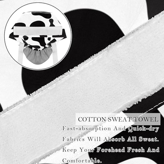 2 PCS Bouffant Cap with Button Ponytail Pouch Working Cap Sweatband Adjustable Surgical Cap Black and White Cow