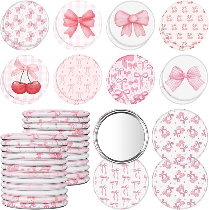 24 Pcs Coquette Pink Bow Compact Mirror Bulk Women Portable Round Mini Pocket Mirrors 12 Styles Pink Bow Aesthetic Makeup Mirror for Bridal Shower Grad Party Favors Birthday Gifts